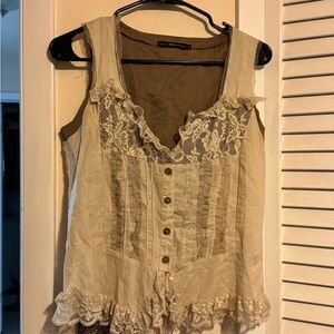 Hazel Cream and Tan Lace-Trim Ruffle Front BOHO Vest